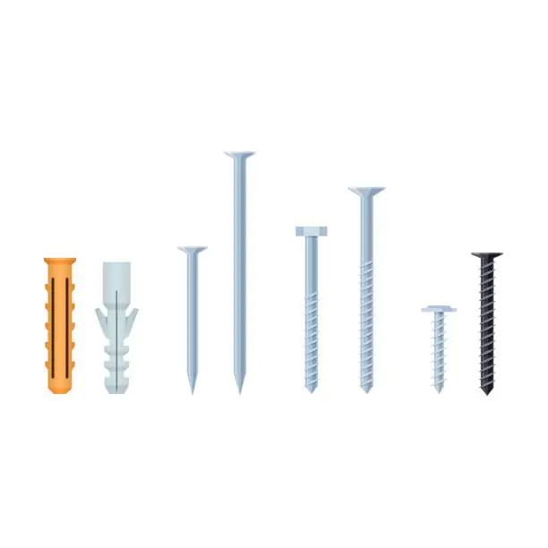 Vector illustration of Set of construction screws, nails, bolts, plastic dowels