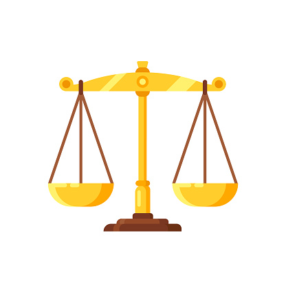 Beautiful golden scales, mechanical device for measuring the weight and mass of products. Concept of weighing decisions, judgments, symbol of justice and balance. Vector illustration isolated.