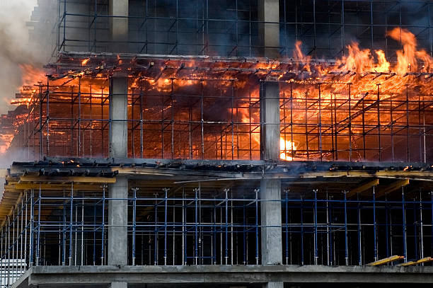 Construction site aflame. stock photo
