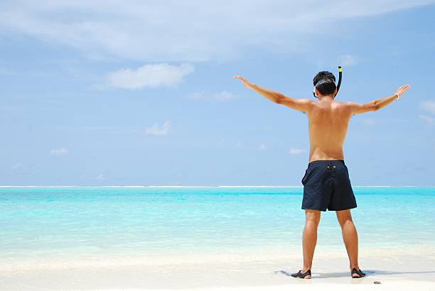 istock Young man ready to go snorkeling (wide open arms) 94288213