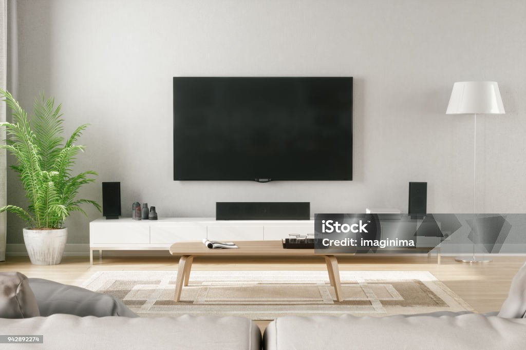 Estilo escandinavo moderno salón con centro de entretenimiento - Foto de stock de Televisión libre de derechos