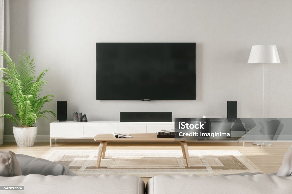 Scandinavian Style Modern Living Room With Entertainment Center Cozy scandinavian stlye living room with home entertainment center. Television Set Stock Photo