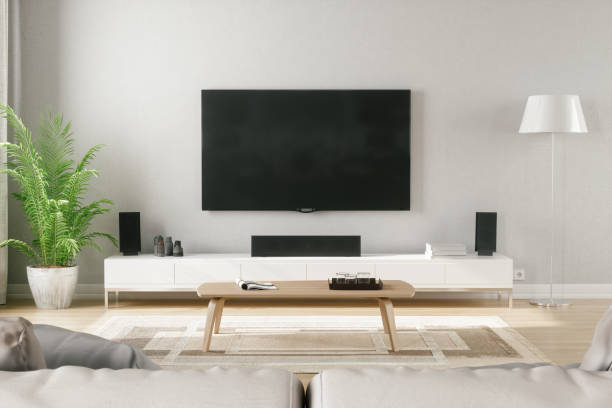 Scandinavian Style Modern Living Room With Entertainment Center Cozy scandinavian stlye living room with home entertainment center. television set stock pictures, royalty-free photos & images