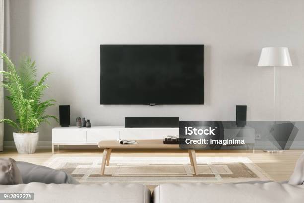 Scandinavian Style Modern Living Room With Entertainment Center Stock Photo - Download Image Now
