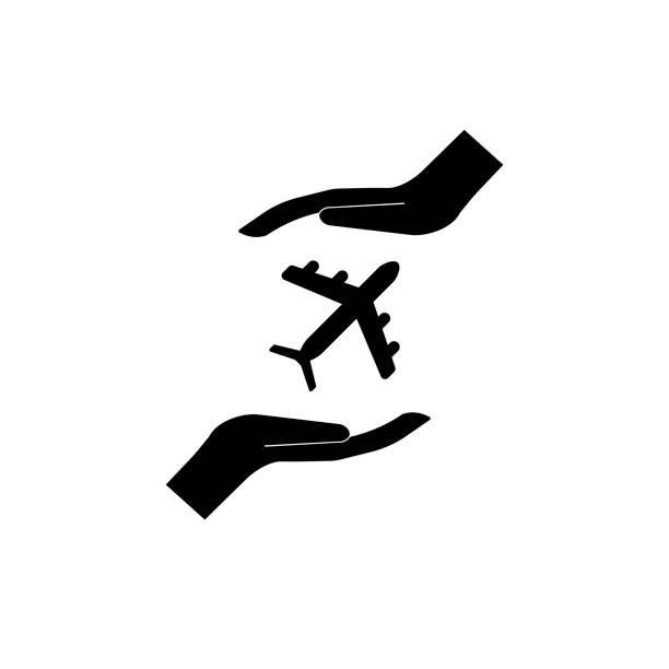 illustrazioni stock, clip art, cartoni animati e icone di tendenza di protezione dei viaggi aerei, icona web del segno assicurativo. progettazione vettoriale - one person adult air vehicle commercial airplane