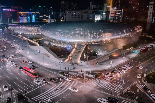 Seoul, South Korea - October 03, 2016: View down to Dongdaemun Park in Downtown Seoul at Night. Seoul, South Korea, Asia