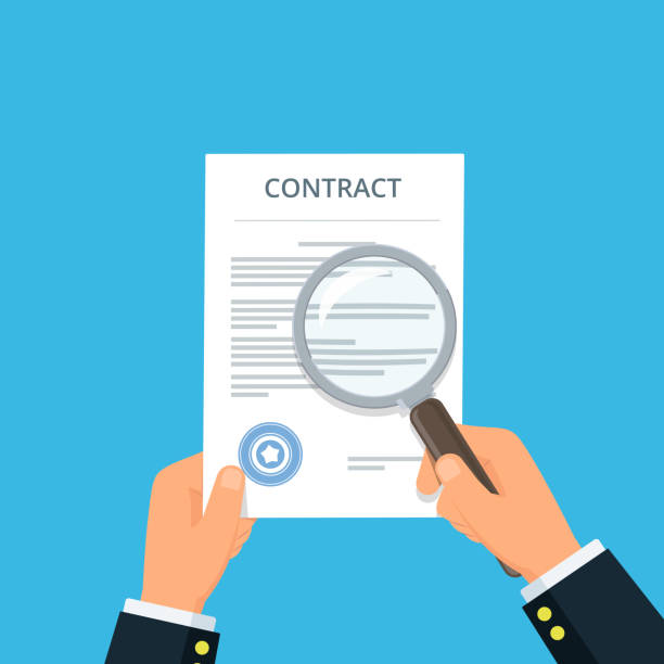 Contract inspection for fraud prevention. Close-up businessman hands holding contract and magnifying glass. Reading and analyzing document. Vector illustration in flat style. Contract inspection for fraud prevention. Close-up businessman hands holding contract and magnifying glass. Reading and analyzing document. Vector illustration in flat style. criminal activity stock illustrations