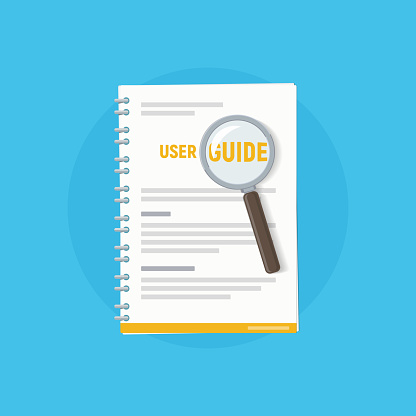 Icon user guide with magnifying glass. User manual. Vector illustration of instruction manual in flat style.