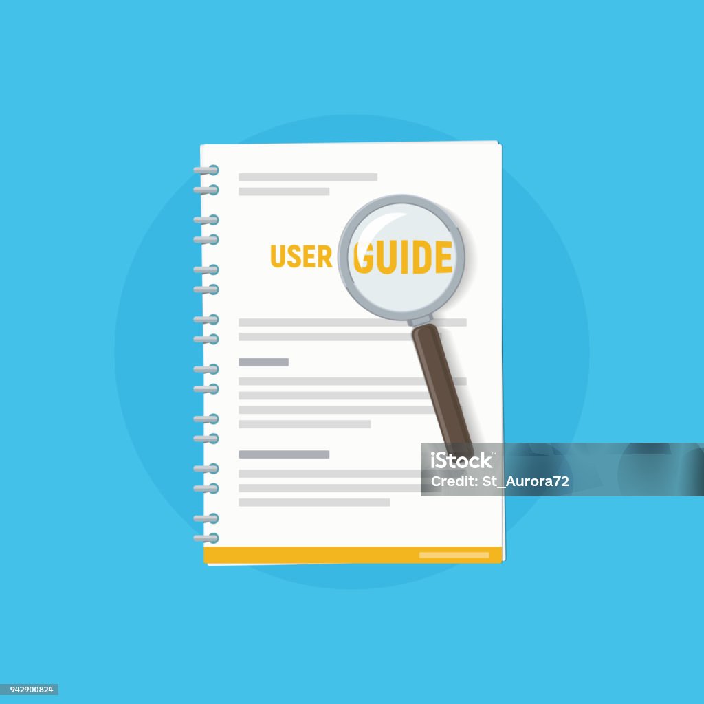 Icon user guide with magnifying glass. User manual. Vector illustration of instruction manual in flat style. Guidance stock vector