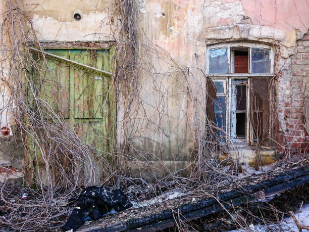 istock Destroyed house after a fire. Old brick building with Windows 942908694