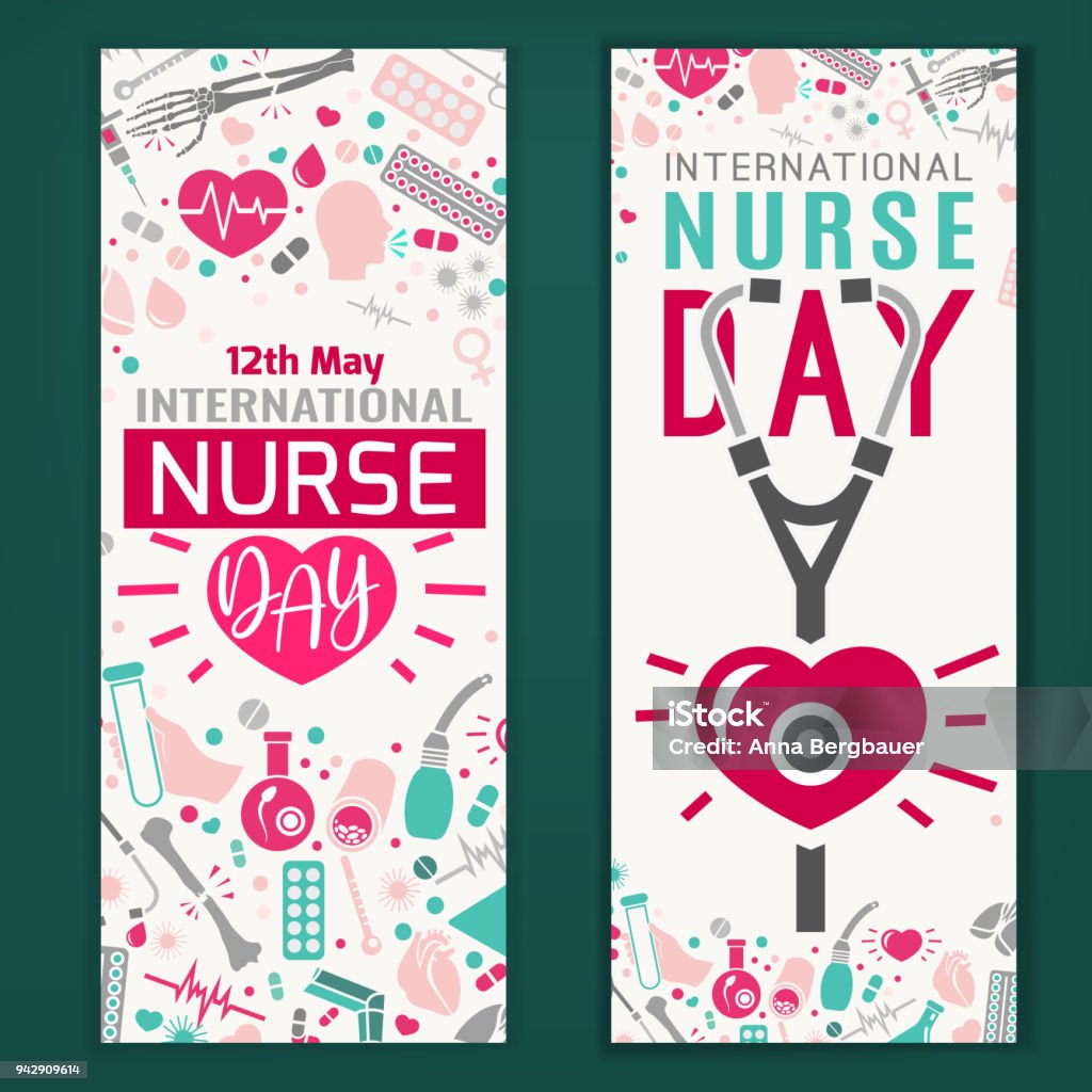 International nurse day banners International nurse day vertical banners. Modern vector illustration in pink and blue colors isolated on a dark green background. Medical and healthcare concept. Nurse stock vector