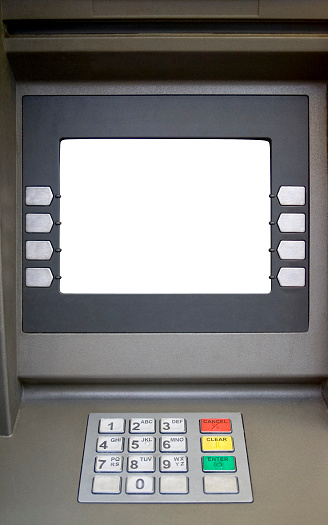 Sevilla, Spain - January 04, 2024: Close-up of ATM machine keyboard