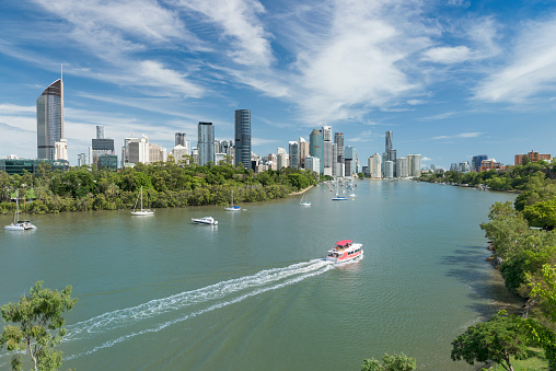 Aerial Panorama of Brisbane the Capital of Queensland, Australia. With the typical inner-city ferry service. Converted from RAW.
