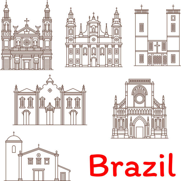 Brazil landmarks architecture vector line icons Brazil architecture landmarks and famous buildings facade line icons. Vector set of Brazilian churches, cathedrals and chapels of San Benedict, Nossa Senhora do Rosario in Cuiaba and Belen cuiabá stock illustrations