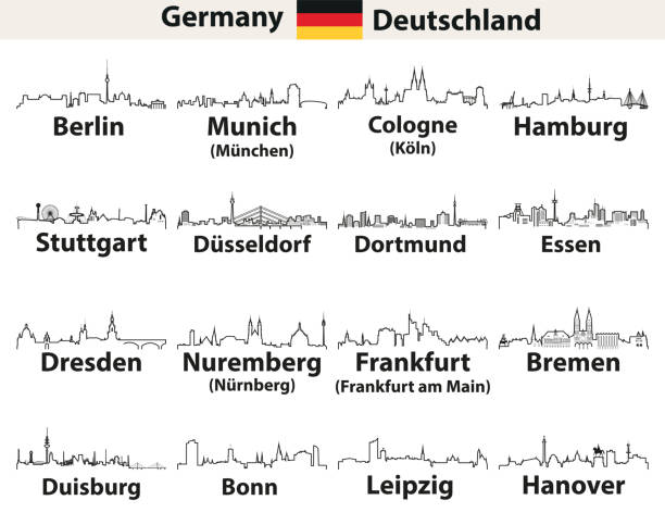 illustrazioni stock, clip art, cartoni animati e icone di tendenza di vettori abstract outline icone di città tedesche skyline - francoforte sul meno