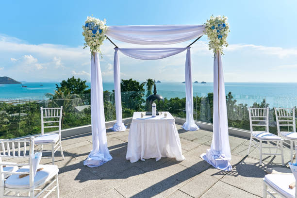 istock Wedding venue setting, Arch and altar decorated with roses, flowers, ocean background 942915160