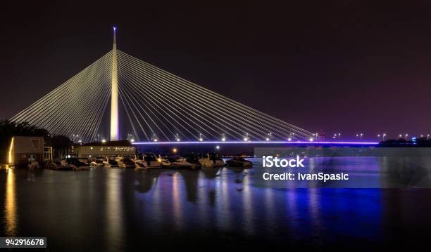 Ada Bridge In Belgrade Serbia At Night Stock Photo - Download Image Now - Architecture, Belgrade - Serbia, Blue