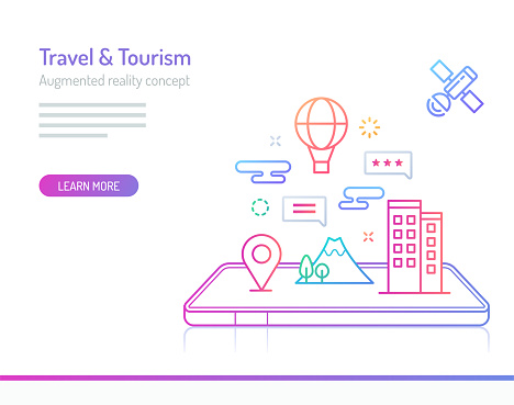 The concept of augmented reality in travel and tourism with hotels, landmarks and air balloons out of mobile phones. Thick line with colorful gradient style vector illustrations.