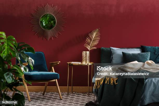 Sophisticated Red Bedroom With Mirror Stock Photo - Download Image Now - Bedroom, Red, Indoors