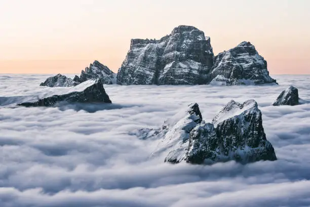 Monte Pelmo, Monte Averau and Monte Nuvolau at sunrise from Rifugio Lagazuoi (2752 Mt) - Cortina D'Ampezzo