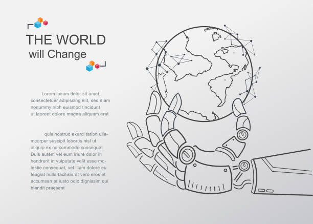 illustrazioni stock, clip art, cartoni animati e icone di tendenza di futuristico androide mano che tiene globo terrestre digitale virtuale. tecnologia di intelligenza artificiale cambierà il mondo. design vettoriale del contorno al concetto di poster e presentazione. - fondo raggera