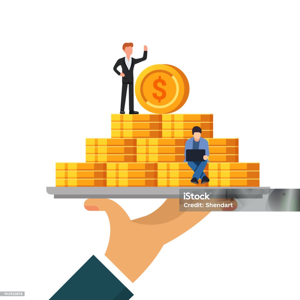 Pile of money on a tray. The concept of wealth or financial well-being. Small people work with coins. Flat vector illustration isolated on white background. Pile of money on a tray. The concept of wealth or financial well-being. Small people work with coins. Flat vector illustration isolated on white background Currency stock vector