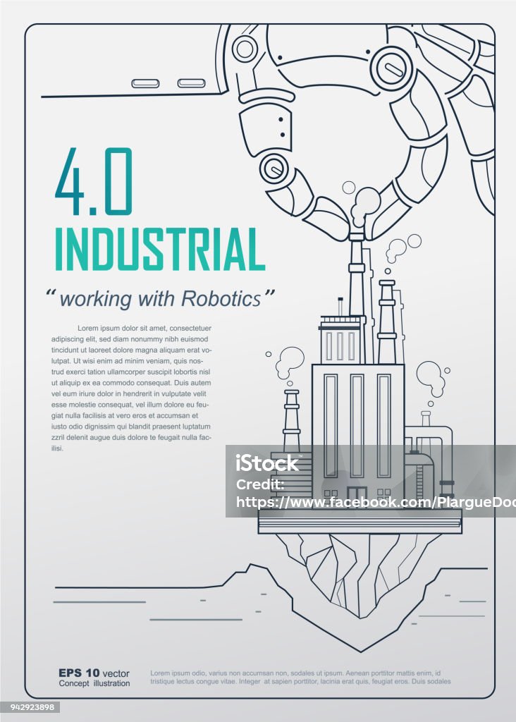 Industrial 4.0 with Robot concept, Robotic hand holding factory company and working in industry. vector design for poster, Annual report, book cover template. Computer-Aided Manufacturing stock vector