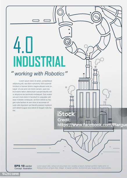 Industrial 40 With Robot Concept Robotic Hand Holding Factory Company And Working In Industry Vector Design For Poster Annual Report Book Cover Template Stock Illustration - Download Image Now