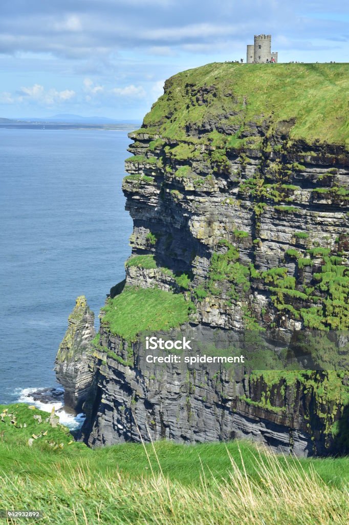 Cliffs of Moher with O'Brien's Tower Highest point of the Cliffs of Moher with O'Brien's Tower landmark on west coast of Ireland. Atlantic Ocean Stock Photo