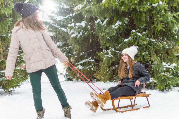 istock Sister twins having fun on snow 942933026