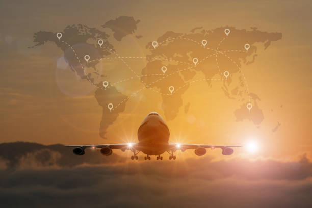 istock Airplane take off on the blue sky, big jet plane flying on blue cloudy skybackground 942935002