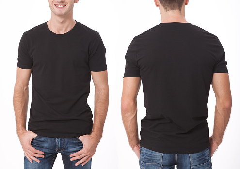 camiseta diseño y concepto de personas - cerca de joven negro blanco de la camiseta, camisa, delantero y trasero aislado. Simulacros para el diseño conjunto de camisa limpia. photo