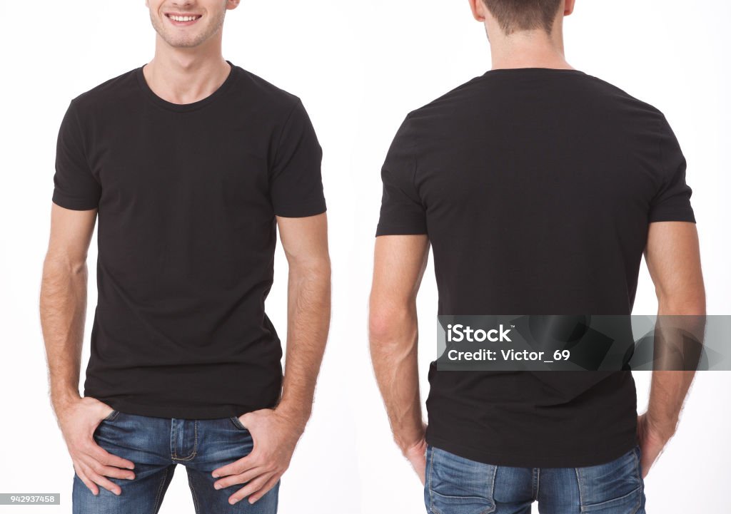 t-shirt design och människor koncept - närbild på ung man i blank svart t-shirt, skjorta, främre och bakre isolerade. Ren skjorta mock upp för designuppsättning. - Royaltyfri T-tröja Bildbanksbilder