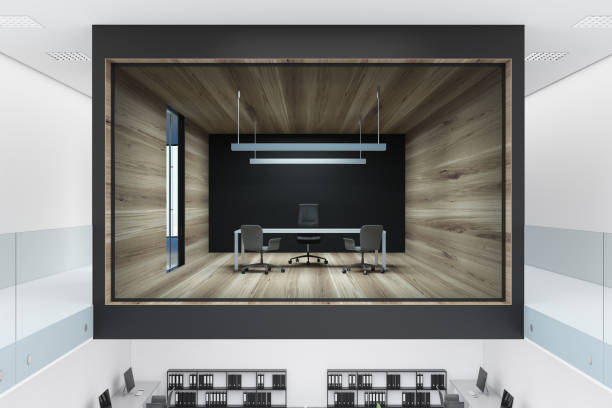 istock Glass and wooden wall boss office 942938330