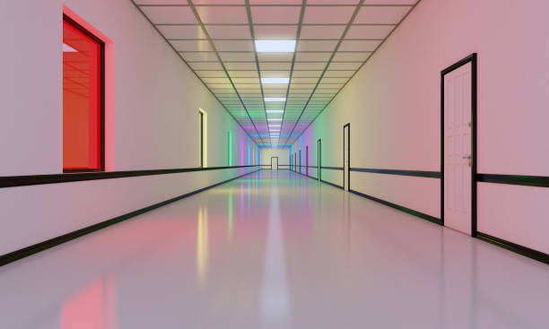 interior of the hotel is a long corridor with a striped walkway