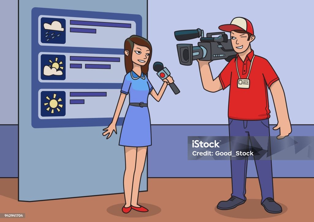 Cameraman And Presenter Shooting Weather Forecast In Tv Studio Cartoon  Vector Illustration Stock Illustration - Download Image Now - iStock