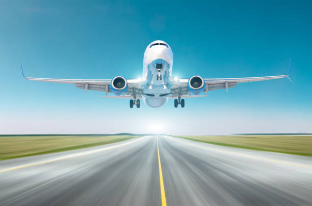 istock Airplane split-scimitar wing flying departure landing speed motion on a runway in the clear sky bright day. 942942108