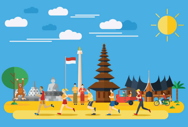 illustrazioni stock, clip art, cartoni animati e icone di tendenza di design piatto, gruppo di persone che fanno jogging in indonesia - indonesia