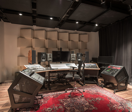Interior design of empty recording studio with equipment
