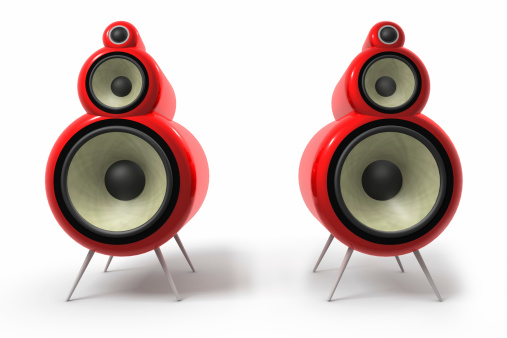 Tube loudspeakers in red high glossy paint, rendered in 3D.