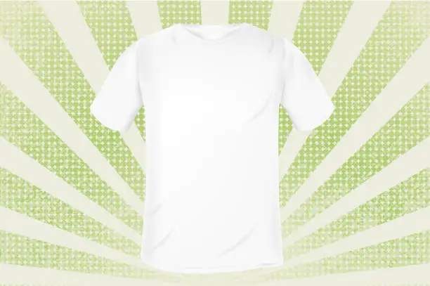 Vector illustration of vector white t-shirt template on green radial rays background in grunge style. mockup