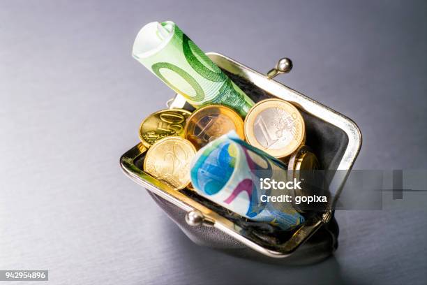 Purse With Coins And Bills Stock Photo - Download Image Now - European Union Currency, Wallet, Currency