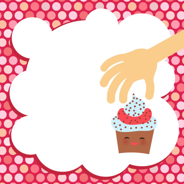 баннер шаблон для вашего текста, дизайн карты с cupcake kawaii смешно морда с розовыми щеками и подмигивая глазами, пастельные цвета на белом, розо - cupcake chocolate pink polka dot stock illustrations