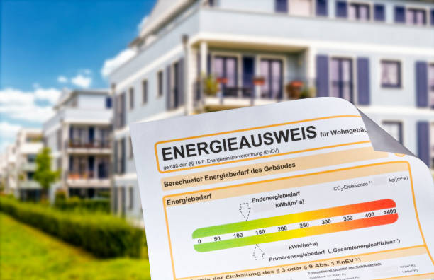 Energy pass in front of an apartment building Energy pass with apartment buildings in the background energieausweis stock pictures, royalty-free photos & images