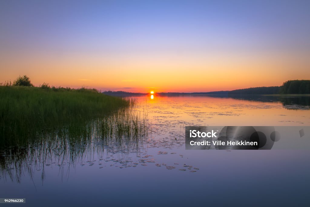 Verão por do sol do Kuhmo, Finlândia. - Foto de stock de Amarelo royalty-free