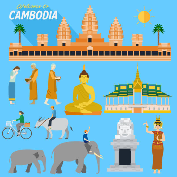 flat-design, illustration eines kambodscha sehenswürdigkeiten und symbole - cambodia traditional culture ancient angkor stock-grafiken, -clipart, -cartoons und -symbole