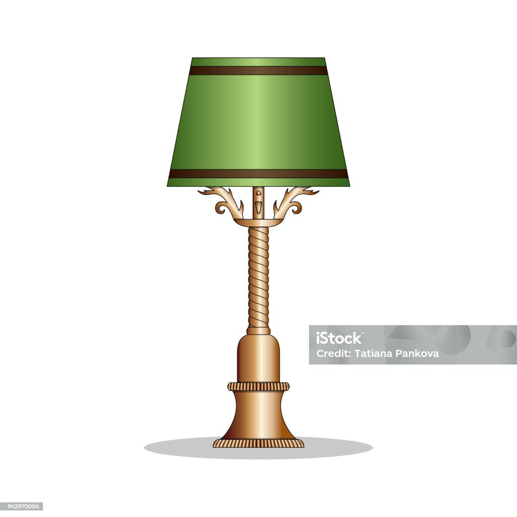 Vintage bronze desk lamp with the green lamp shade. Art stock vector