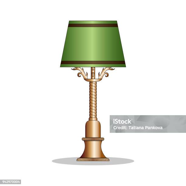 Vintage Bronze Desk Lamp With The Green Lamp Shade Stock Illustration - Download Image Now