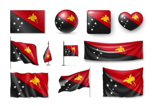 Set Papua New Guinea realistic flags, banners, banners, symbols, icon Set Papua New Guinea realistic flags, banners, banners, symbols, icon. Vector illustration of collection of national symbols on various objects and state signs Papua New Guinea stock illustrations