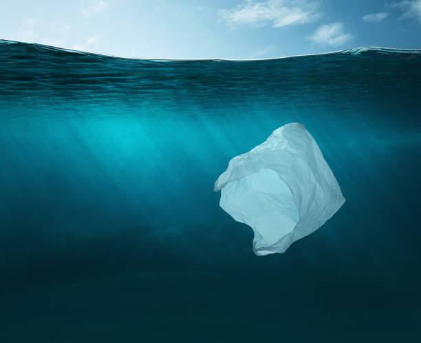 Water pollution concept Plastic bag in the ocean with copy space scuba diver point of view stock pictures, royalty-free photos & images